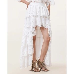 $379 AllSaints Cavarly Embroidered Tiered High Low Maxi Skirt Snow White US 0